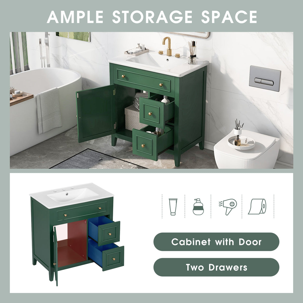 30 Inch Green Bathroom Vanity with Sink Top and Storage