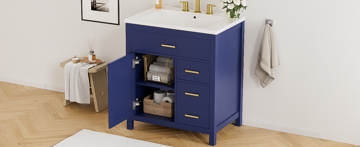 30-Inch Navy Bathroom Vanity with Ceramic Sink & Storage