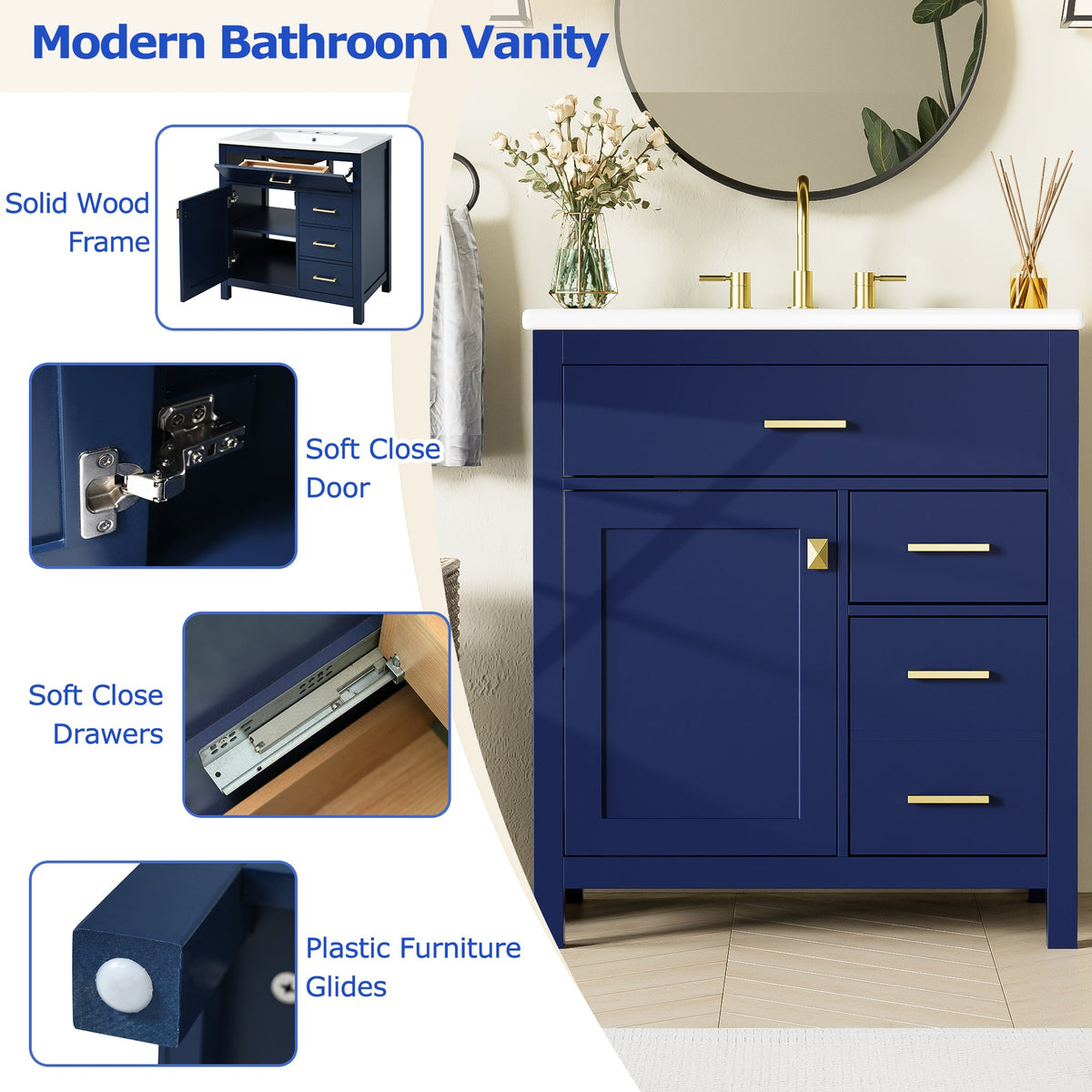 30-Inch Navy Bathroom Vanity with Ceramic Sink & Storage