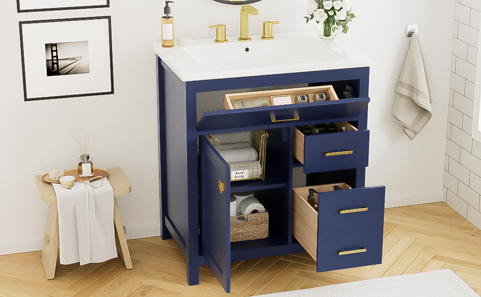 30-Inch Navy Bathroom Vanity with Ceramic Sink & Storage
