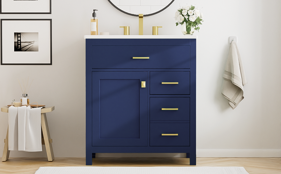 30-Inch Navy Bathroom Vanity with Ceramic Sink & Storage