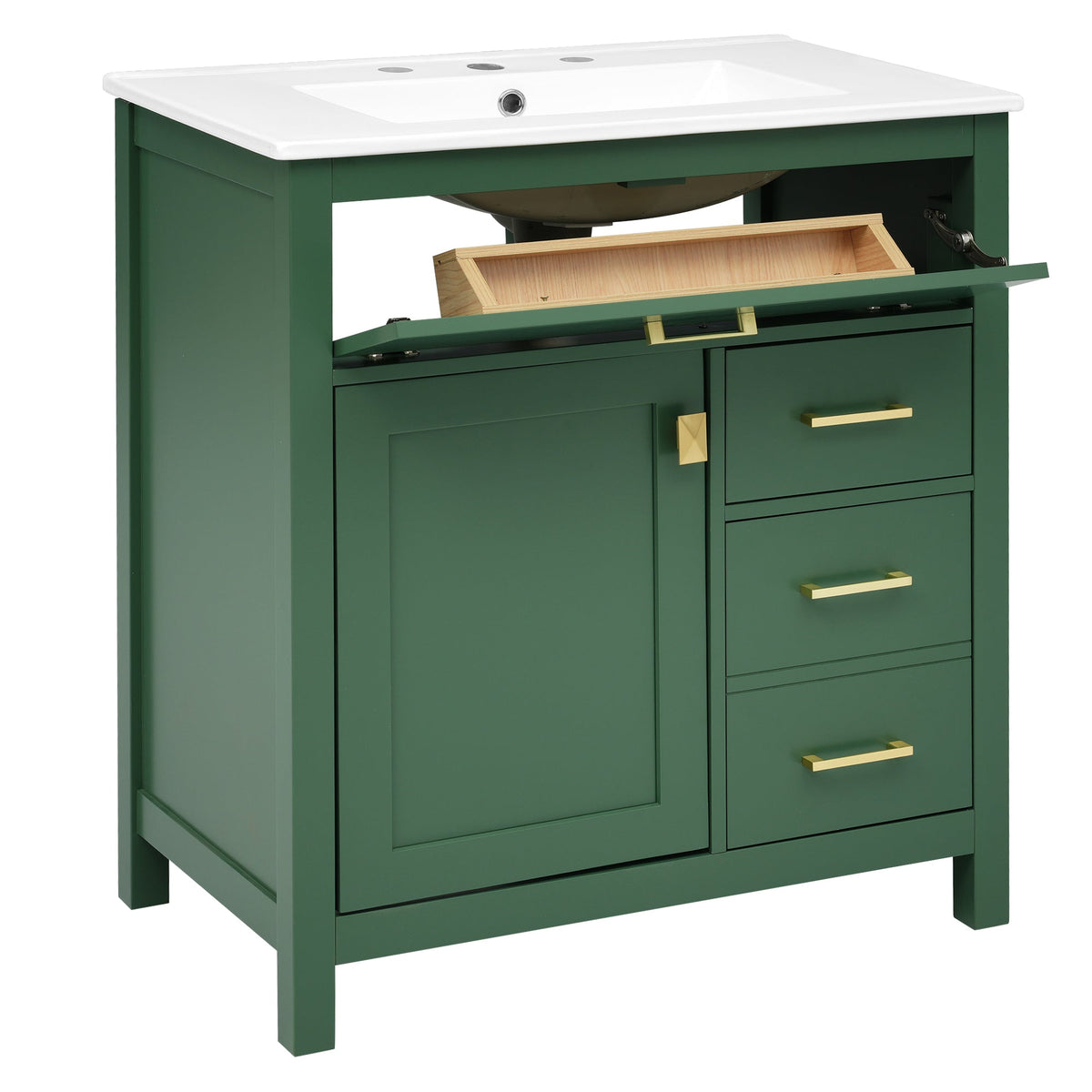 30-Inch Green Bathroom Vanity, Ceramic Sink & Storage
