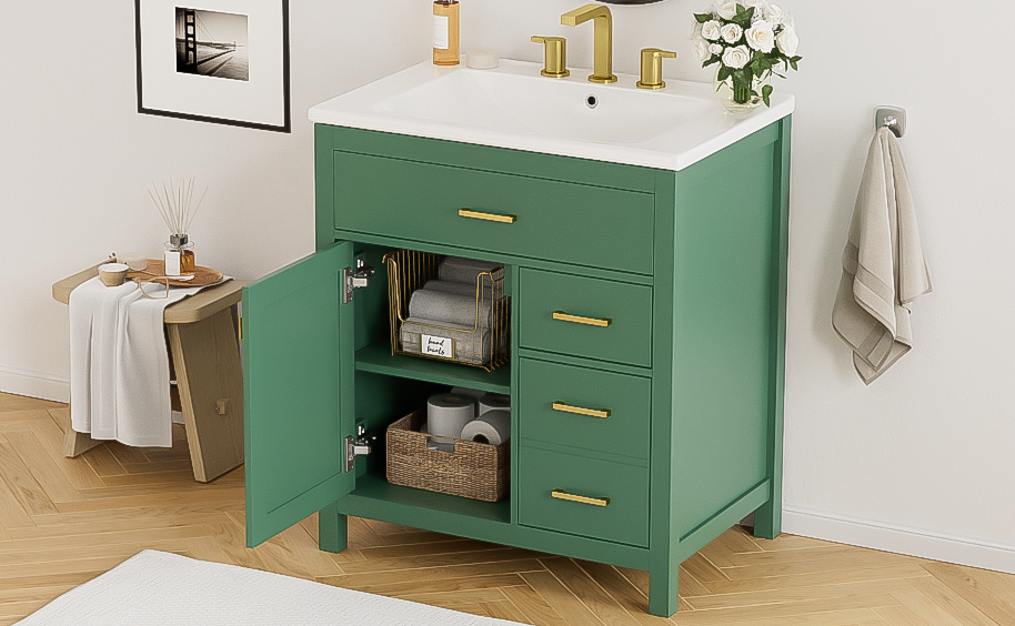 30-Inch Green Bathroom Vanity, Ceramic Sink & Storage