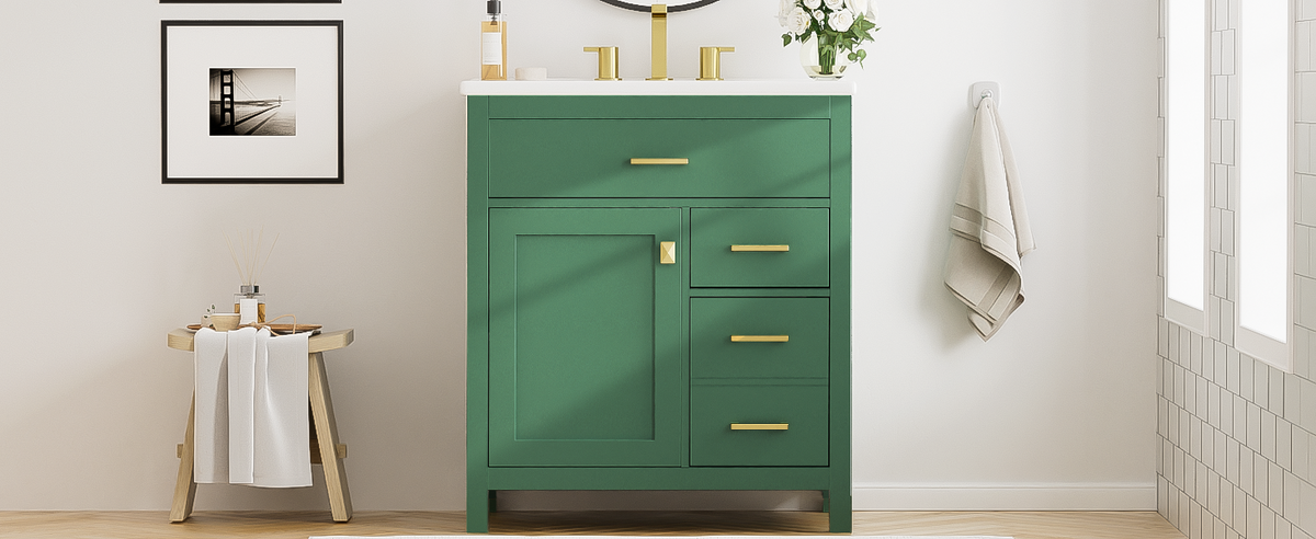 30-Inch Green Bathroom Vanity, Ceramic Sink & Storage