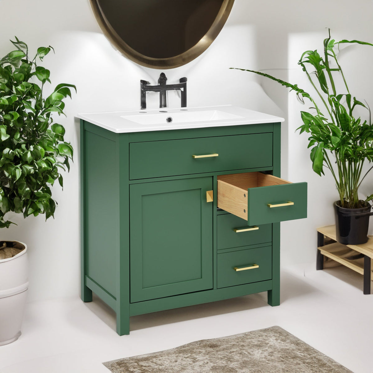 30-Inch Green Bathroom Vanity, Ceramic Sink & Storage