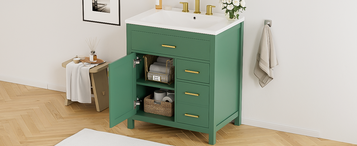 30-Inch Green Bathroom Vanity, Ceramic Sink & Storage