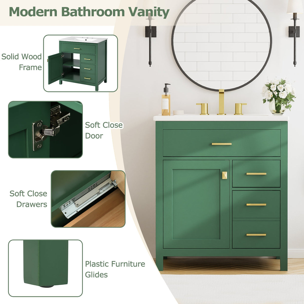30-Inch Green Bathroom Vanity, Ceramic Sink & Storage