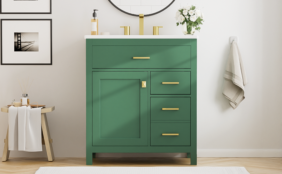 30-Inch Green Bathroom Vanity, Ceramic Sink & Storage