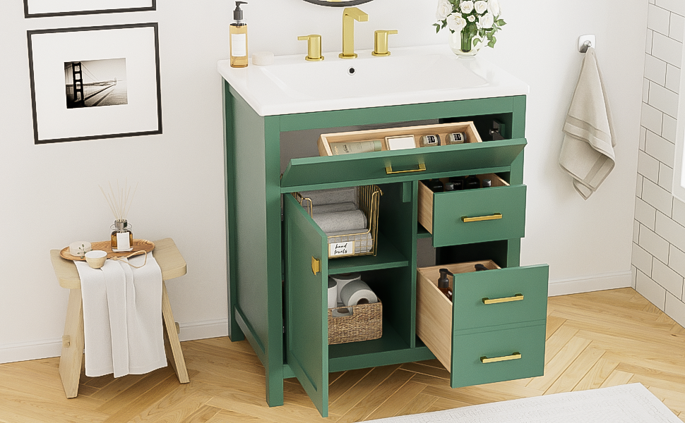 30-Inch Green Bathroom Vanity, Ceramic Sink & Storage