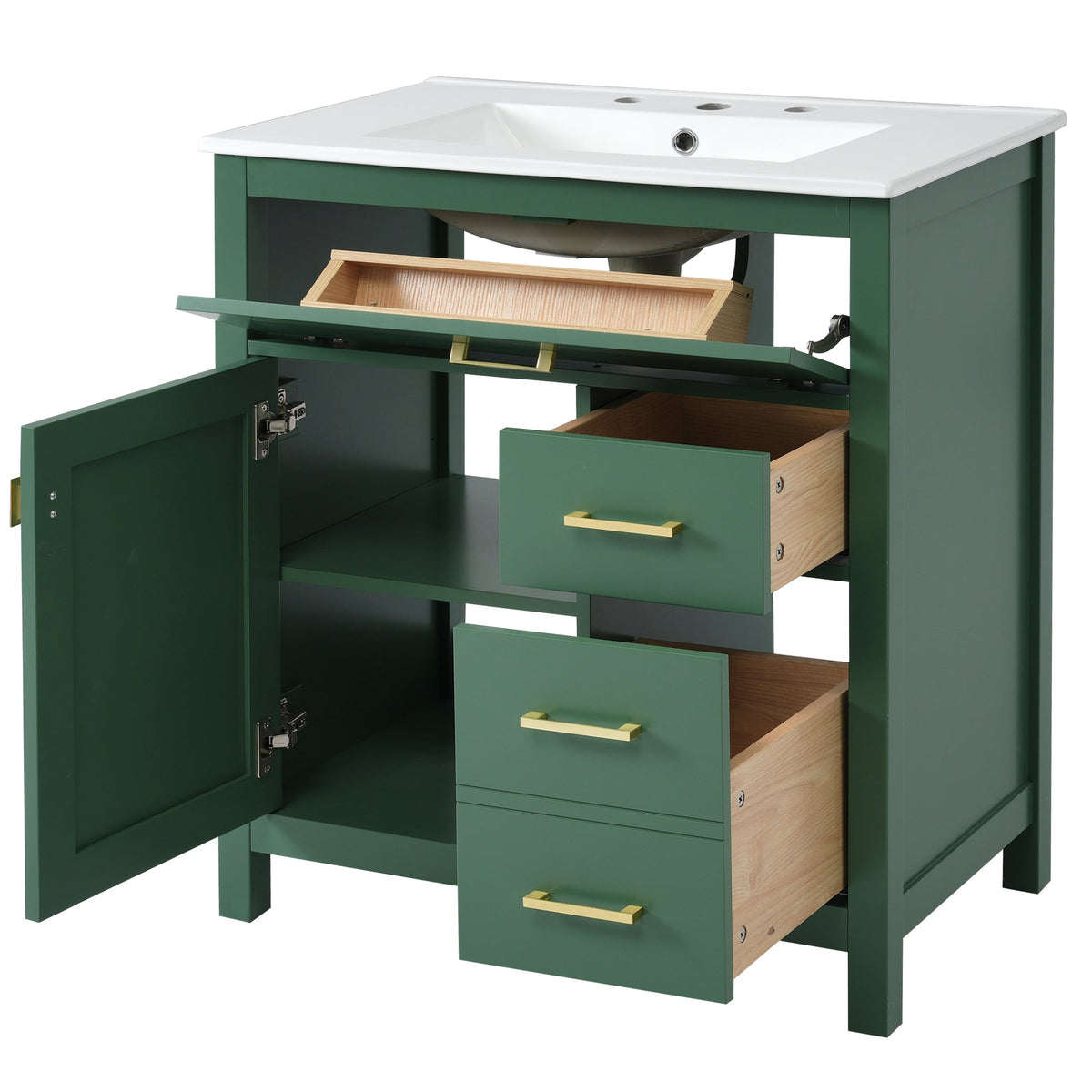 30-Inch Green Bathroom Vanity, Ceramic Sink & Storage