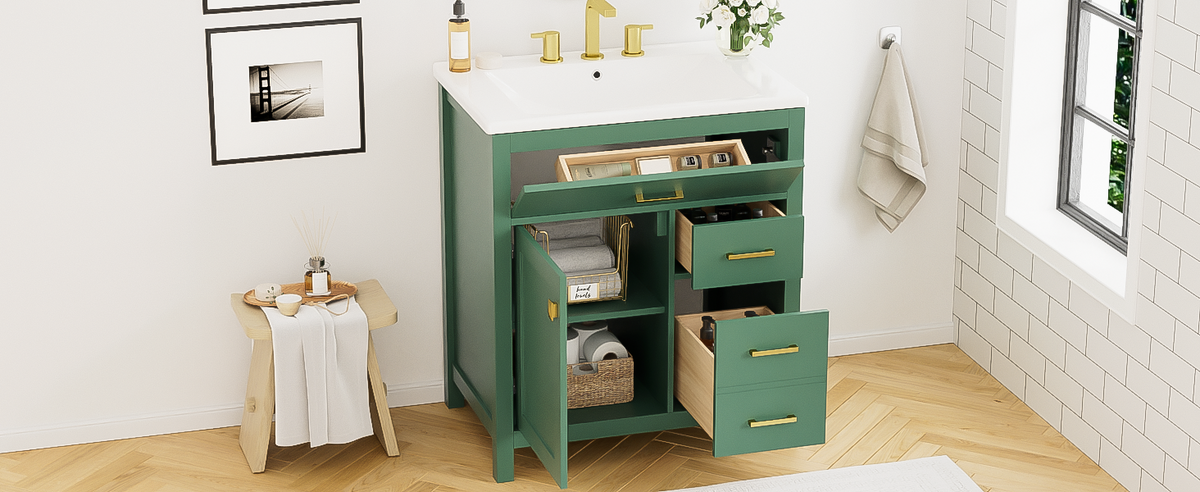 30-Inch Green Bathroom Vanity, Ceramic Sink & Storage