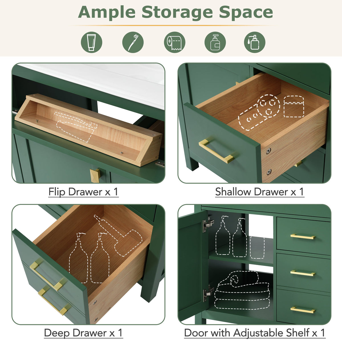 30-Inch Green Bathroom Vanity, Ceramic Sink & Storage