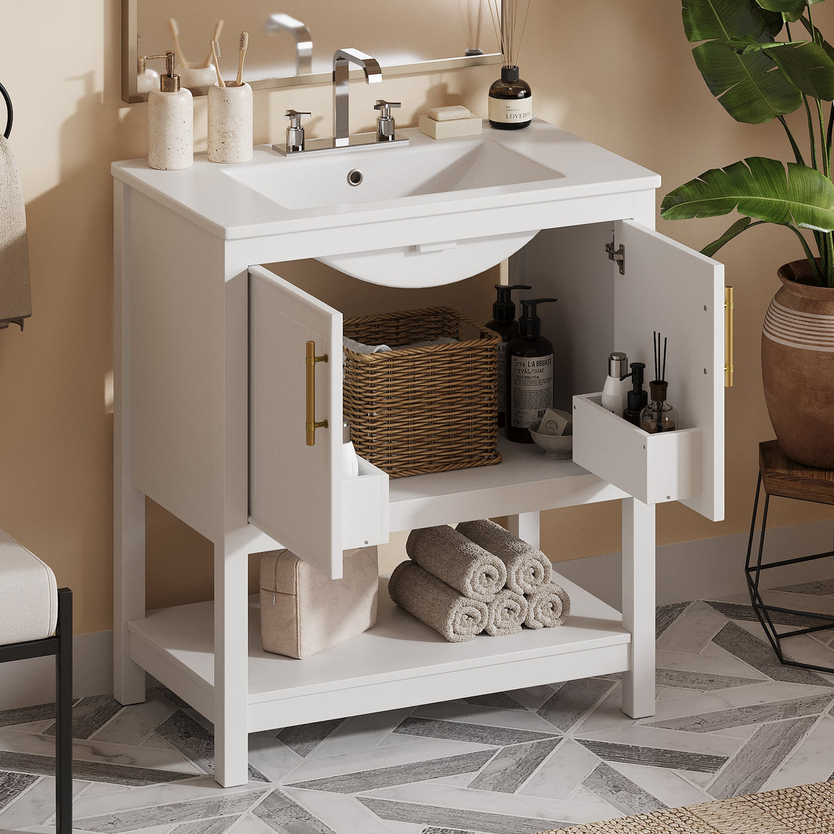 White Bathroom Vanity with Ceramic Sink for Small Bathrooms
