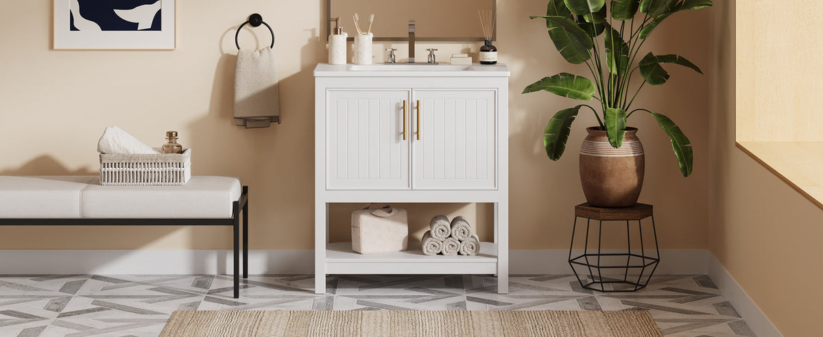 White Bathroom Vanity with Ceramic Sink for Small Bathrooms