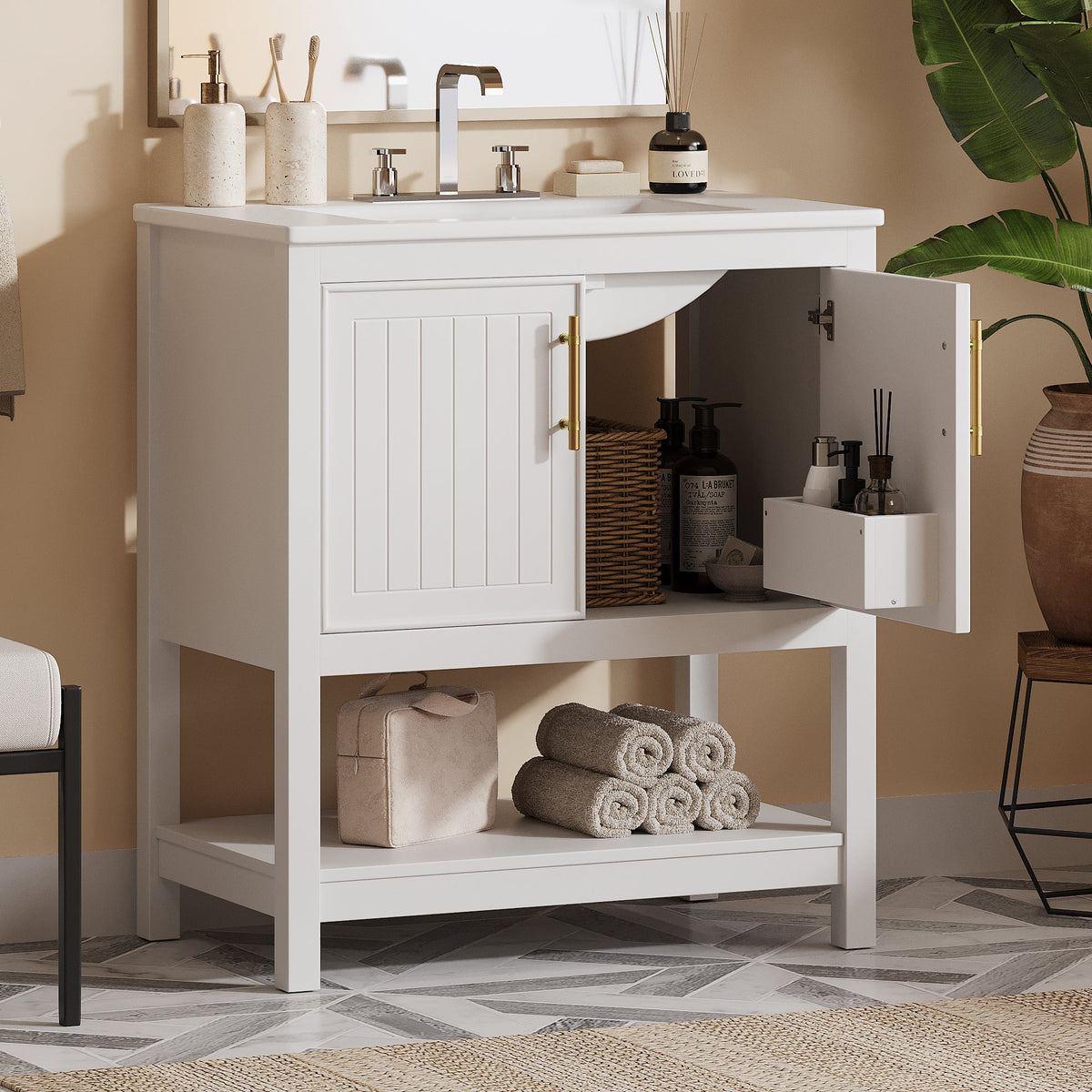 White Bathroom Vanity with Ceramic Sink for Small Bathrooms