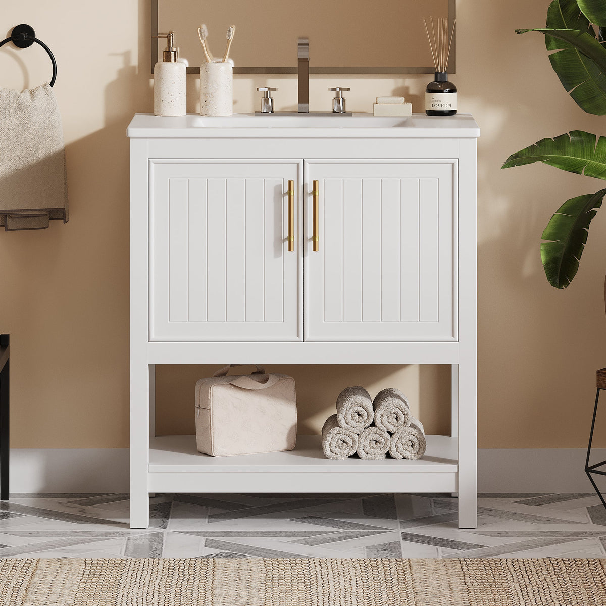 White Bathroom Vanity with Ceramic Sink for Small Bathrooms