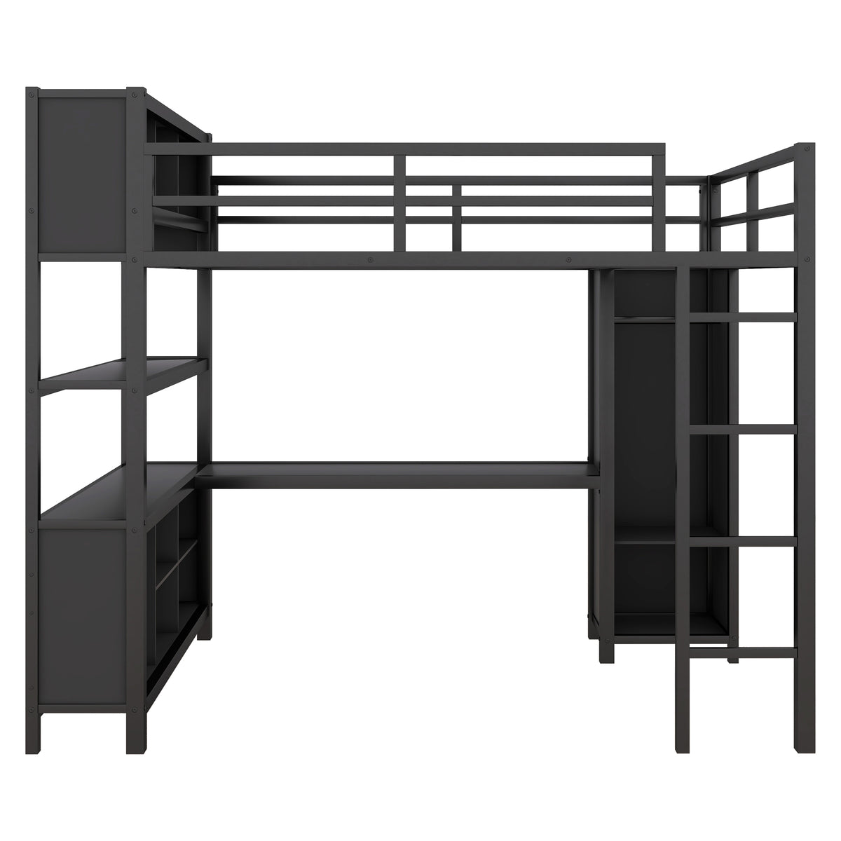 Full-Size Metal Loft Bed with Desk, Wardrobe & Storage