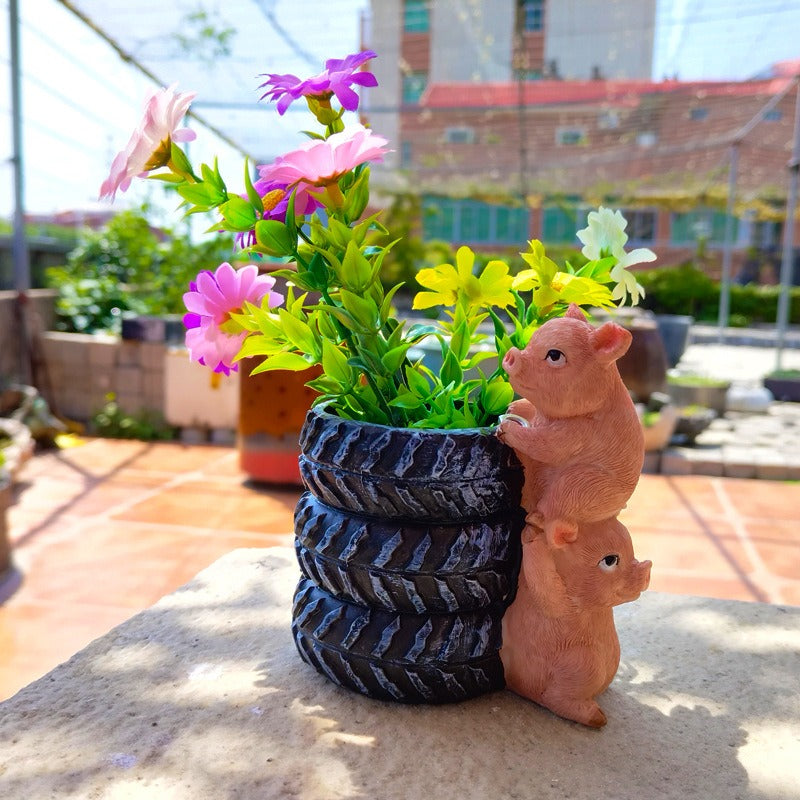 Pig Tire Flower Pot for Garden Decor, Quirky Planter