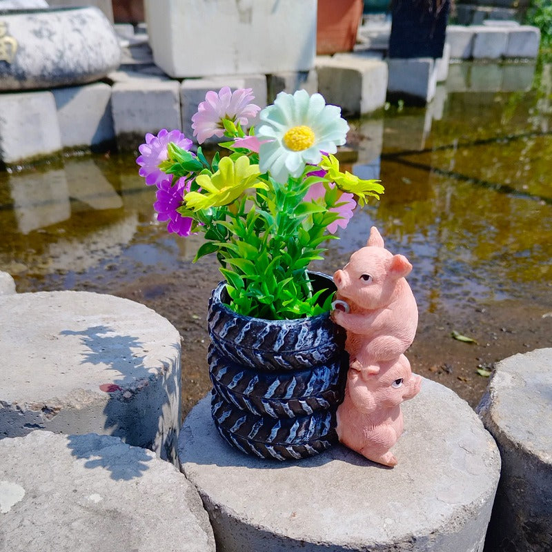 Pig Tire Flower Pot for Garden Decor, Quirky Planter
