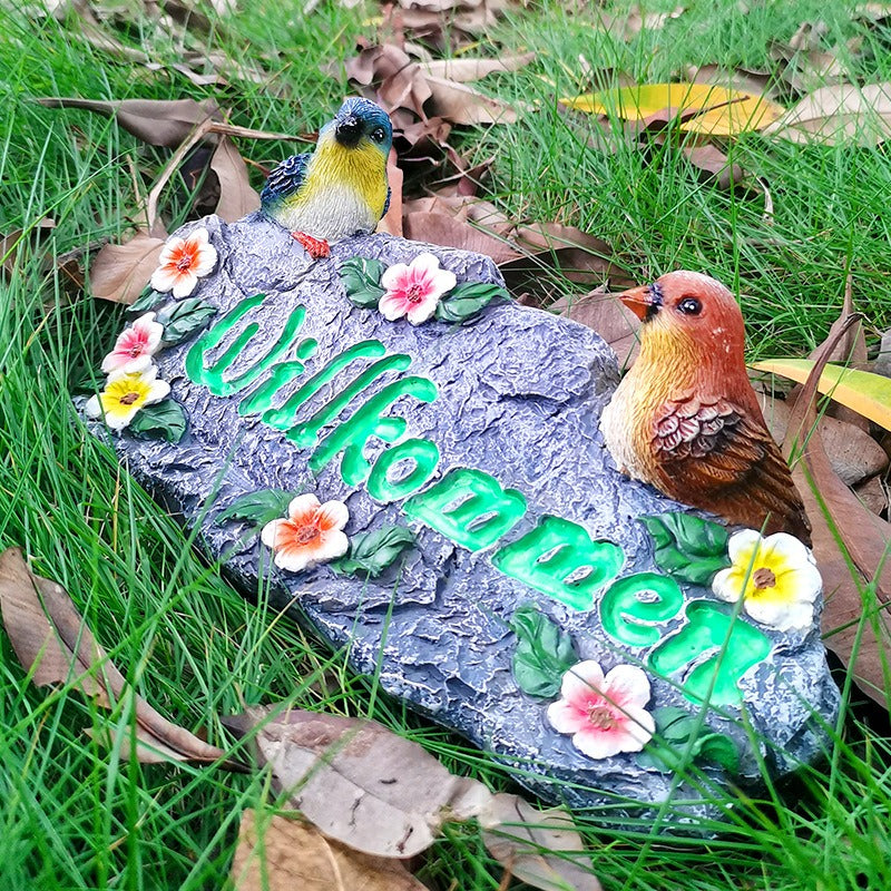 Garden Welcome Stone with Painted Birds and Flowers