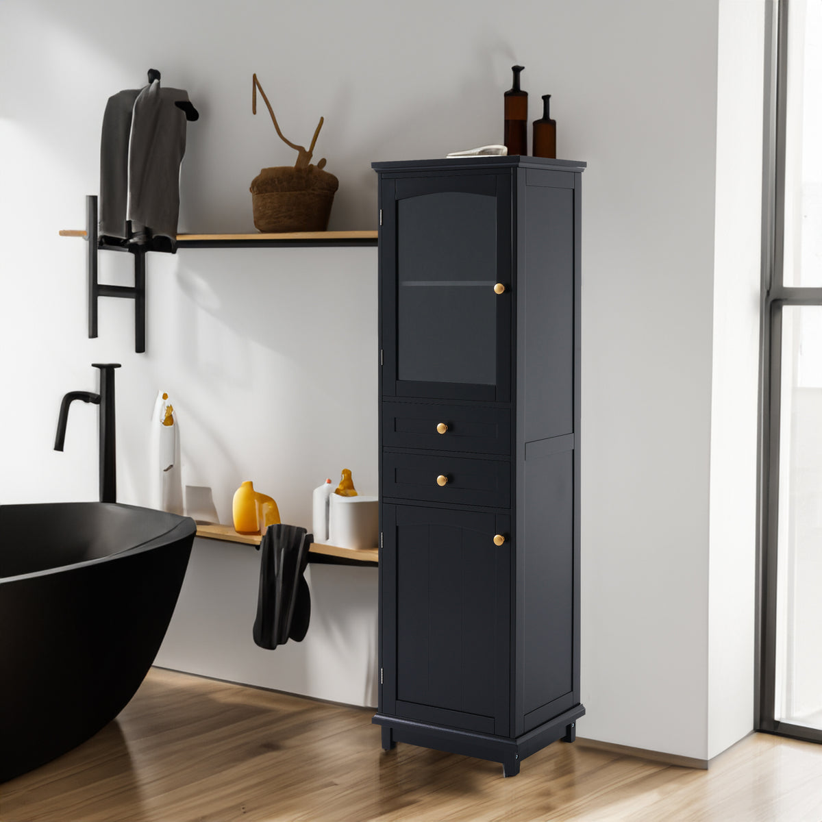 Tall Bathroom Storage Cabinet with Glass Door and Drawers