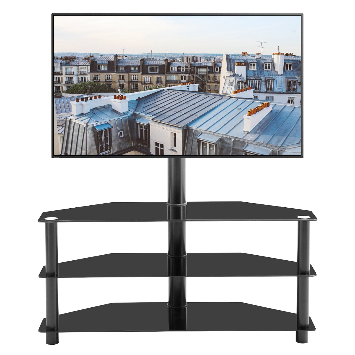 3-Tier Glass TV Stand with Height-Adjustable Swivel Mount