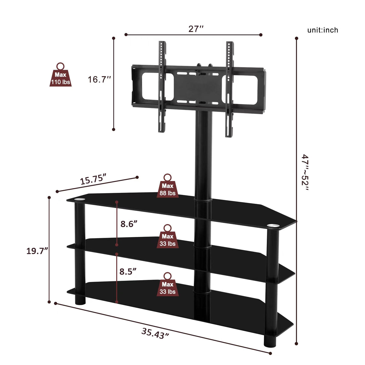 3-Tier Glass TV Stand with Height-Adjustable Swivel Mount