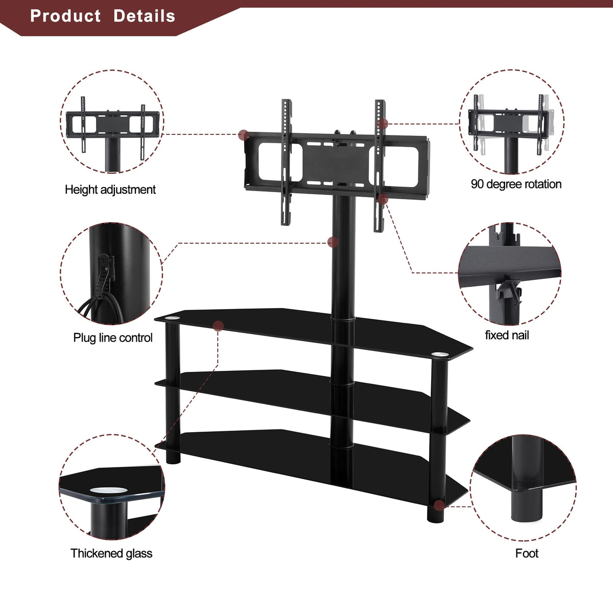 3-Tier Glass TV Stand with Height-Adjustable Swivel Mount