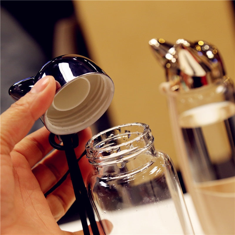 Cat-Ear Glass Water Bottle 350ml with Sleeve & Rope