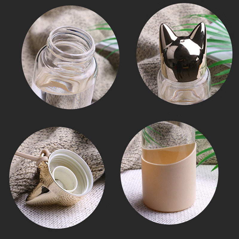 Cat-Ear Glass Water Bottle 350ml with Sleeve & Rope