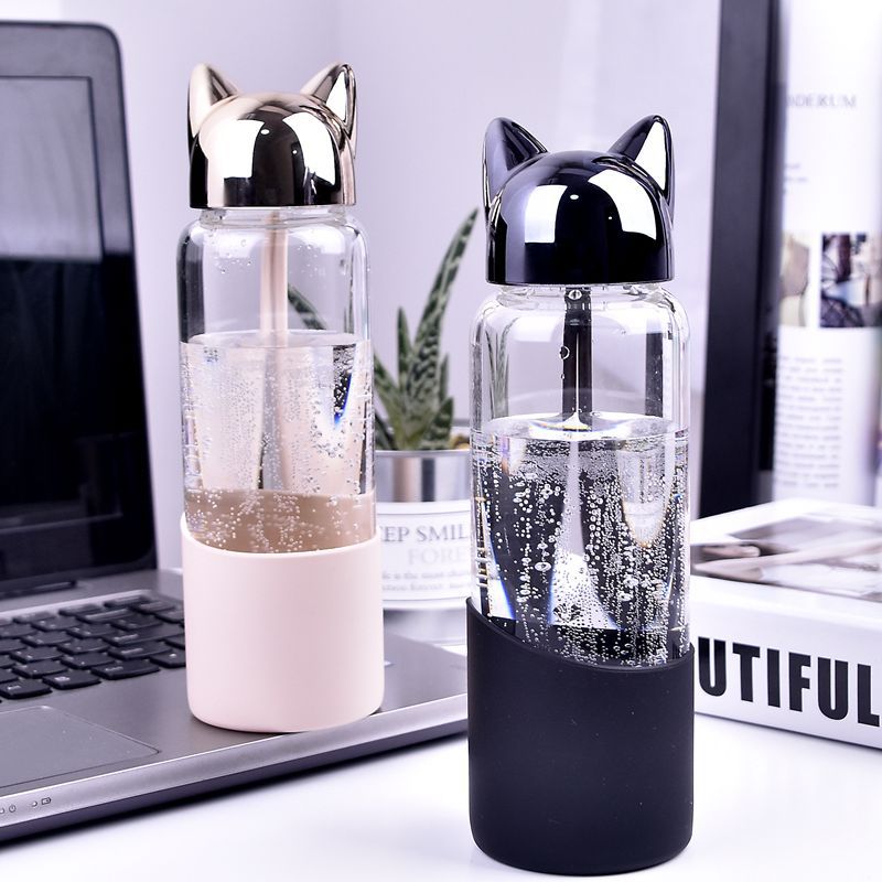 Cat-Ear Glass Water Bottle 350ml with Sleeve & Rope