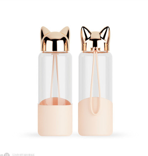 Cat-Ear Glass Water Bottle 350ml with Sleeve & Rope
