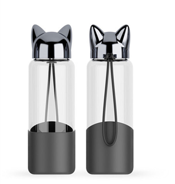 Cat-Ear Glass Water Bottle 350ml with Sleeve & Rope