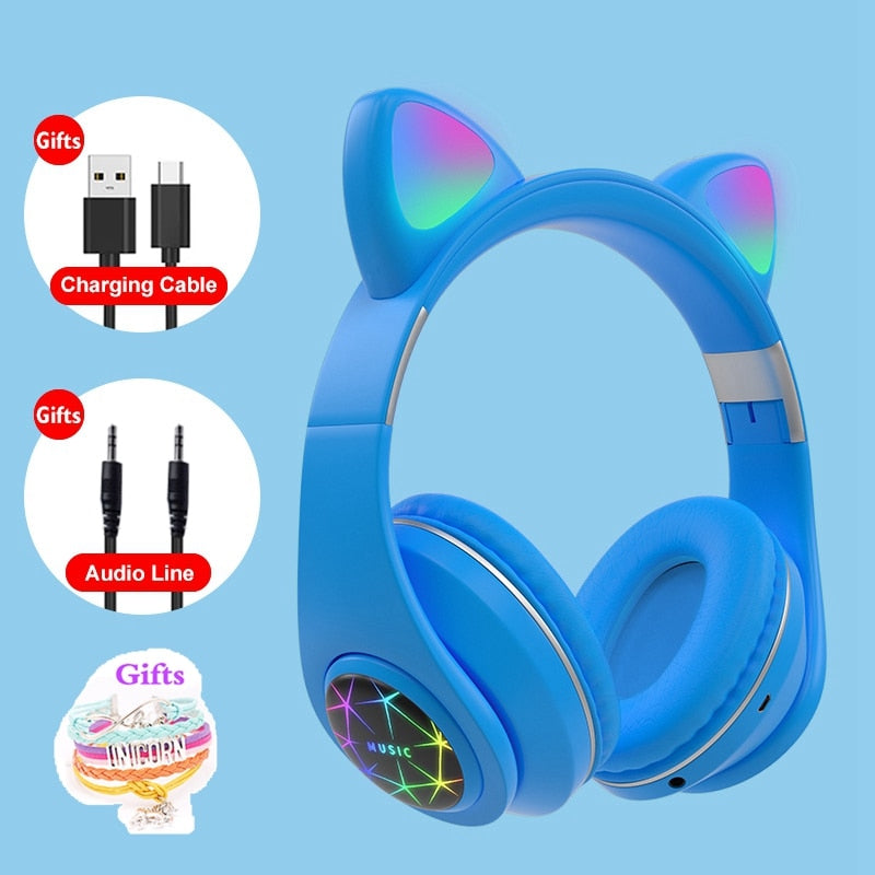 RGB Cat Ear Headphones Bluetooth 5.0 with Long Battery