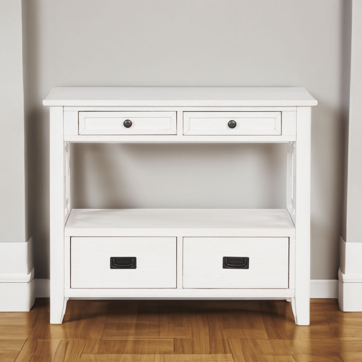 Farmhouse Pine Console Table with 4 Drawers & Shelf