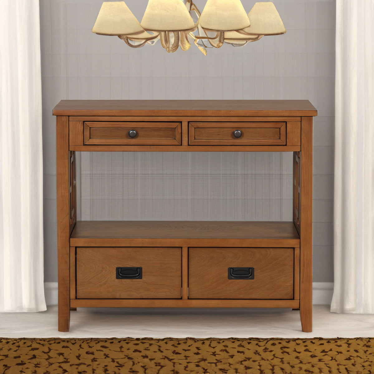 Farmhouse Pine Entryway Console Table with 4 Drawers