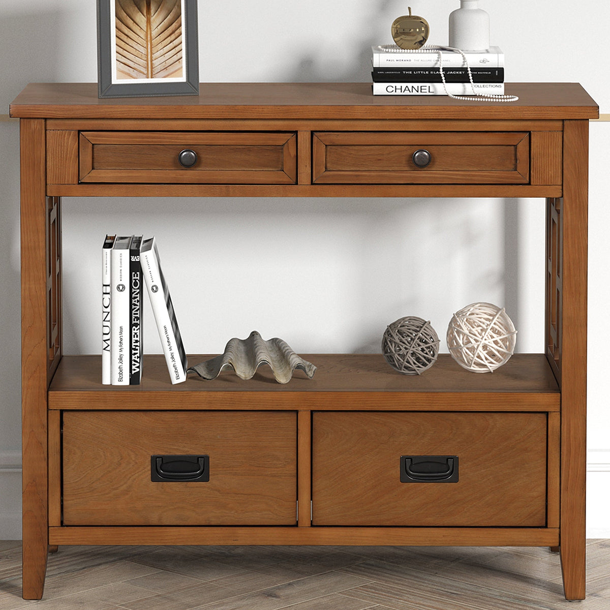 Farmhouse Pine Entryway Console Table with 4 Drawers