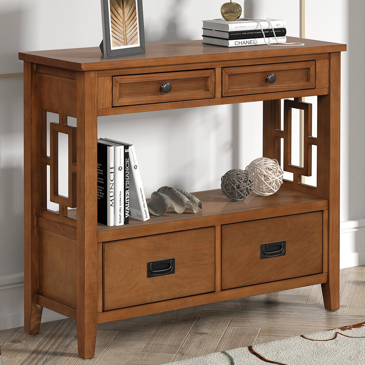 Farmhouse Pine Entryway Console Table with 4 Drawers
