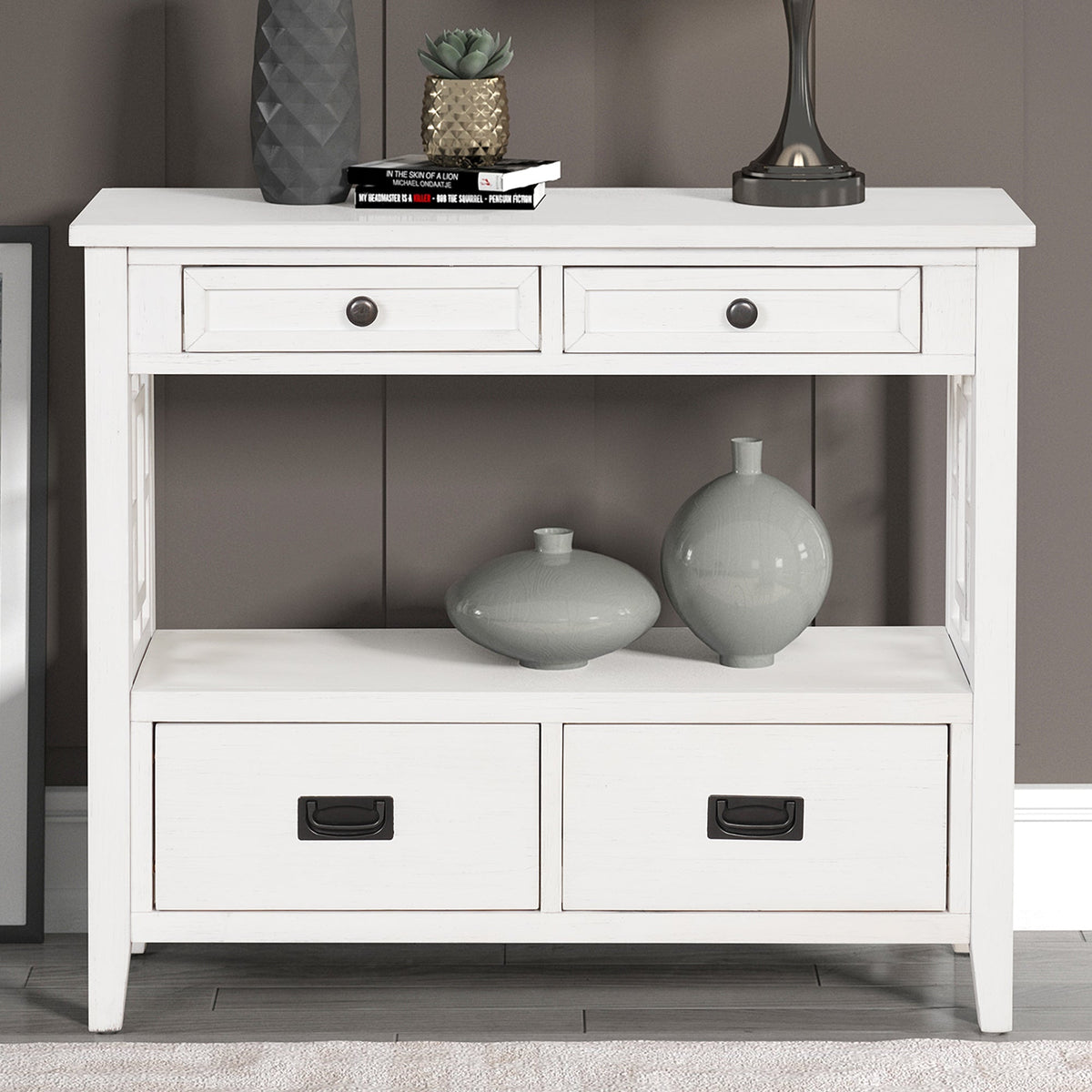 Farmhouse Pine Console Table with 4 Drawers & Shelf