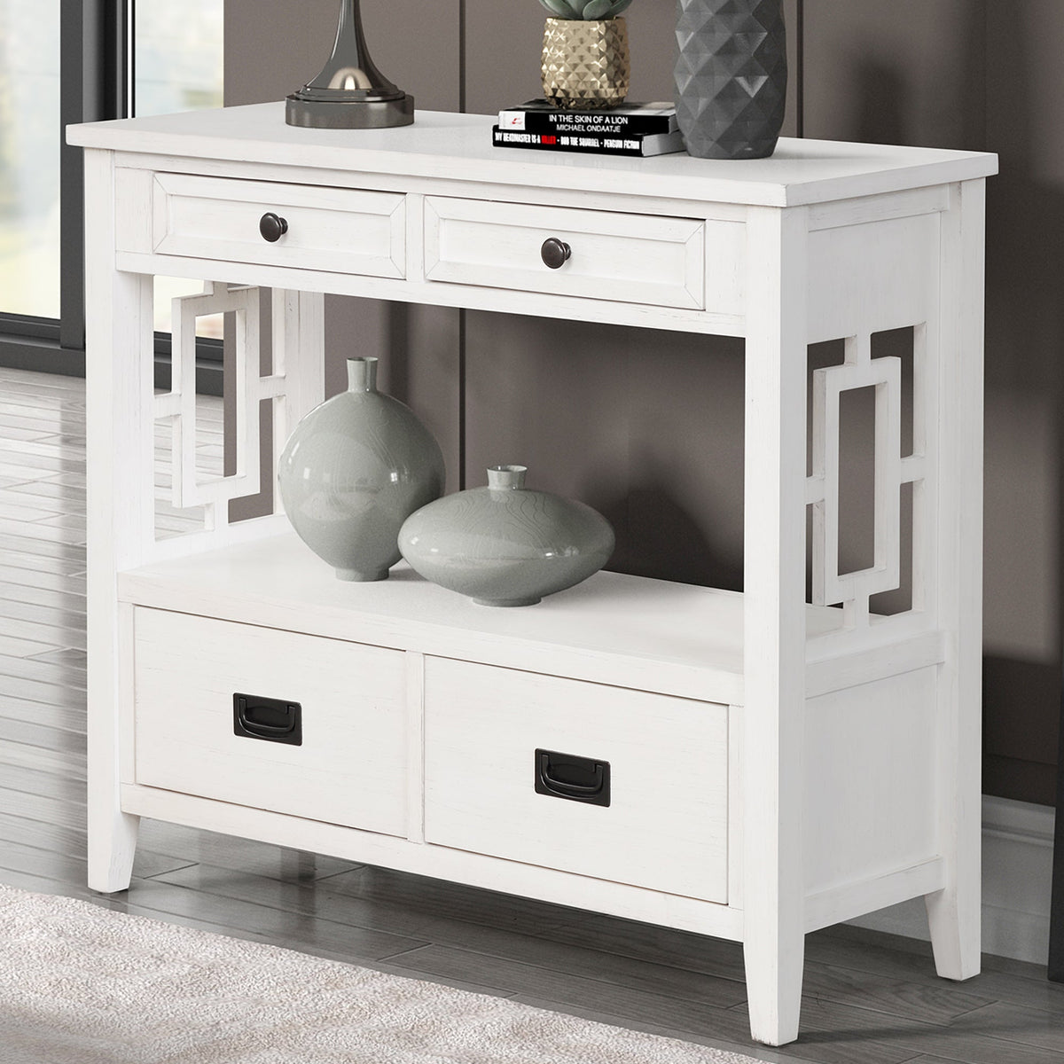 Farmhouse Pine Console Table with 4 Drawers & Shelf