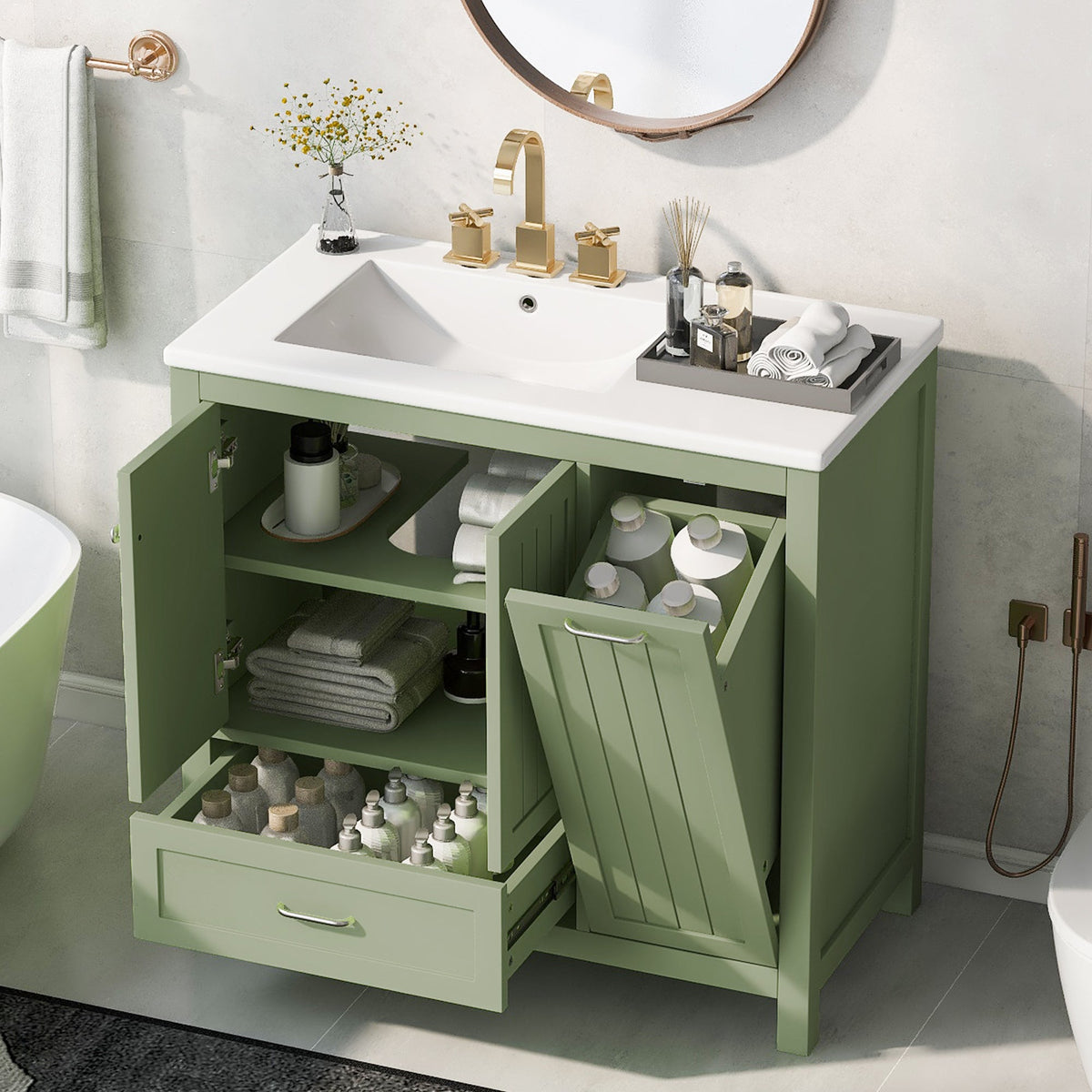 36 Inch Sage Green Bathroom Vanity with Sink and Storage