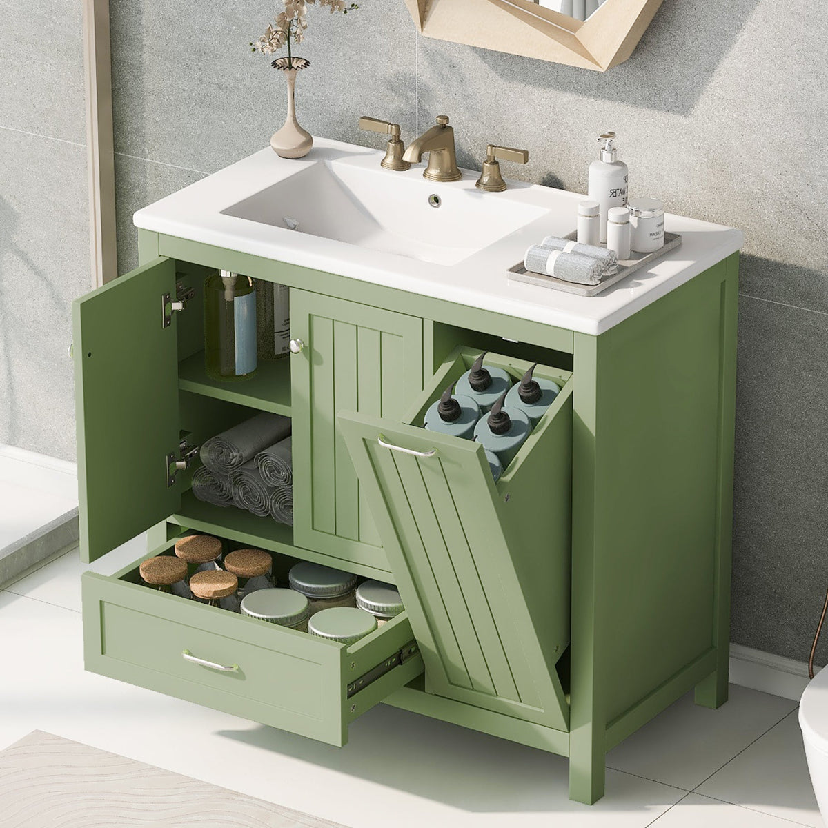 36 Inch Sage Green Bathroom Vanity with Sink and Storage