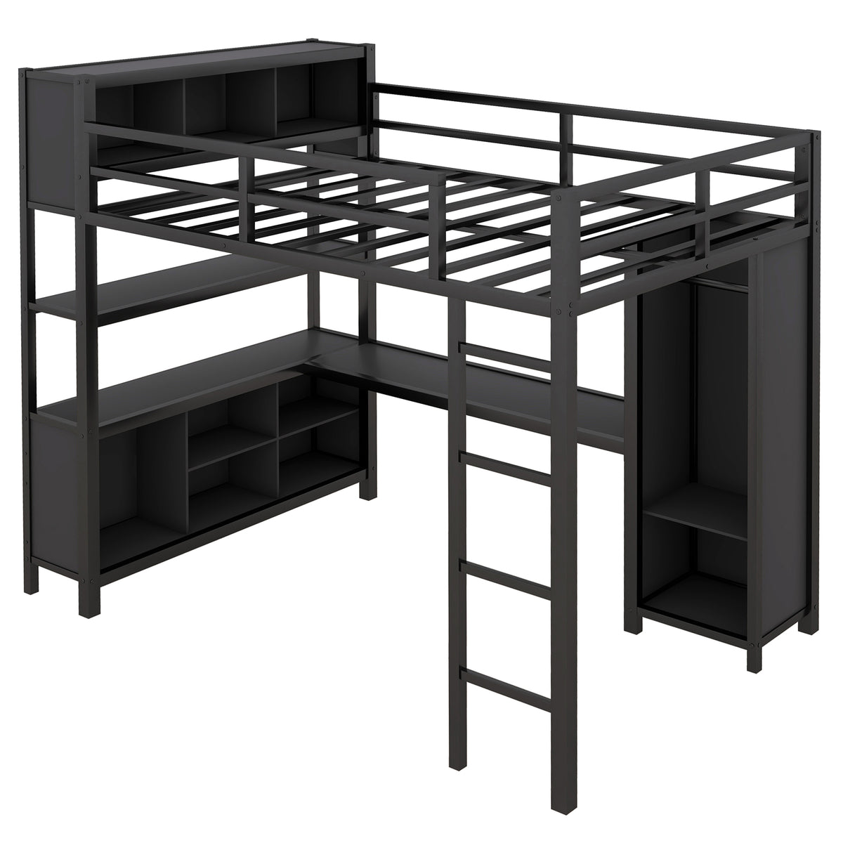 Full-Size Metal Loft Bed with Desk, Wardrobe & Storage
