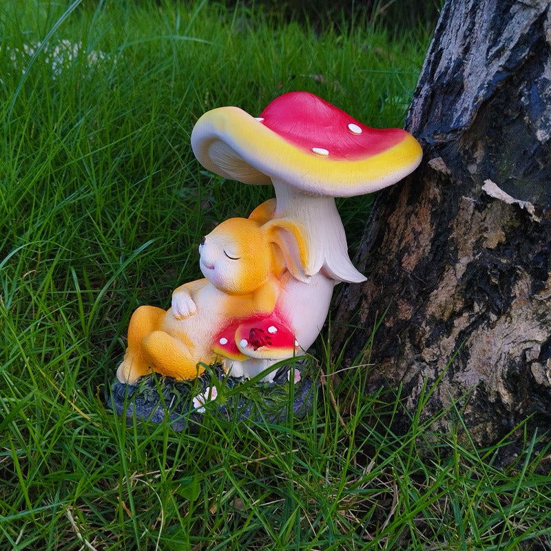 Sleeping Bunny Garden Statue with Red Mushroom Cap