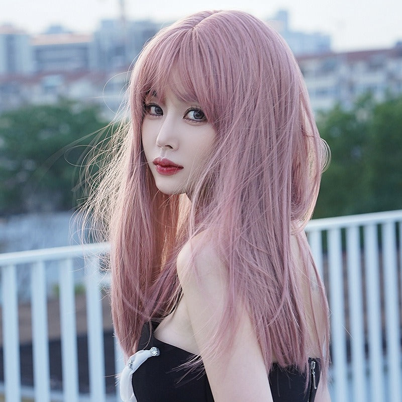Pink Long Hair Wig with Air Bangs for Instant Style