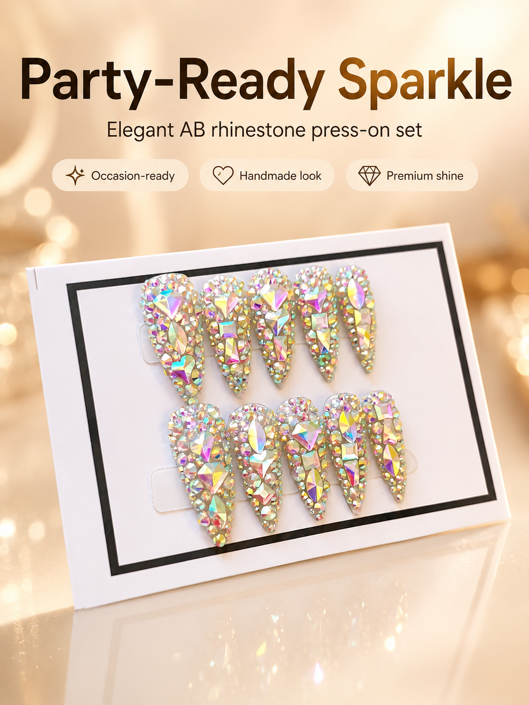 3D AB Crystal Press-On Nails | Diamond Almond Shape