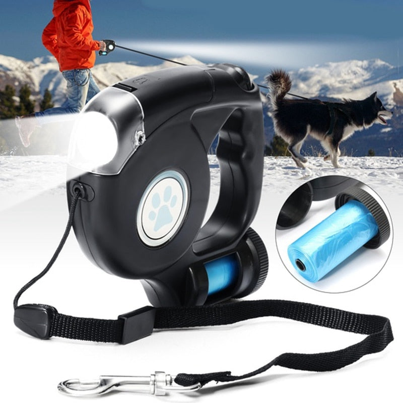 LED Retractable Dog Leash With Waste Bag Dispenser