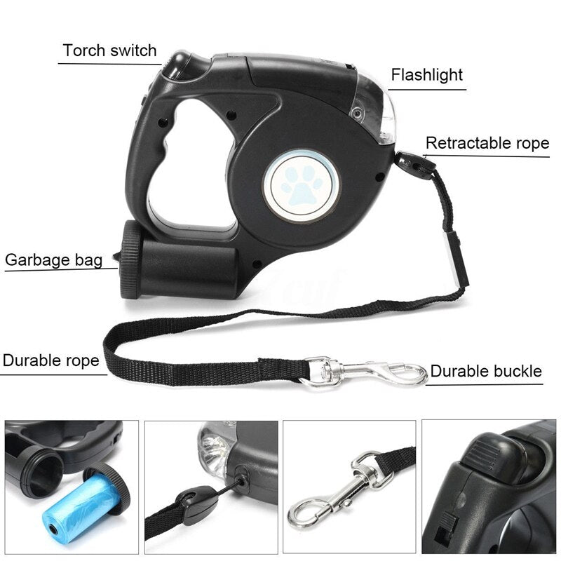 LED Retractable Dog Leash With Waste Bag Dispenser
