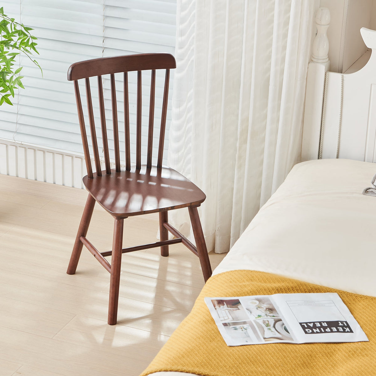 Walnut Spindle-Back Dining Chairs, Solid Wood Set of 4