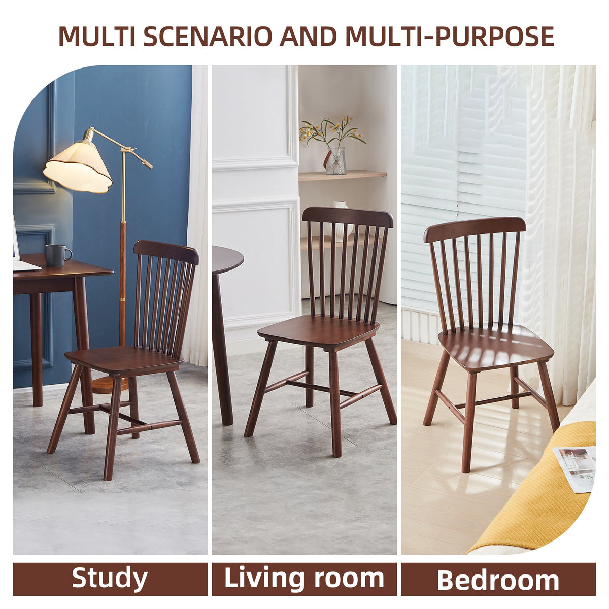 Walnut Spindle-Back Dining Chairs, Solid Wood Set of 4